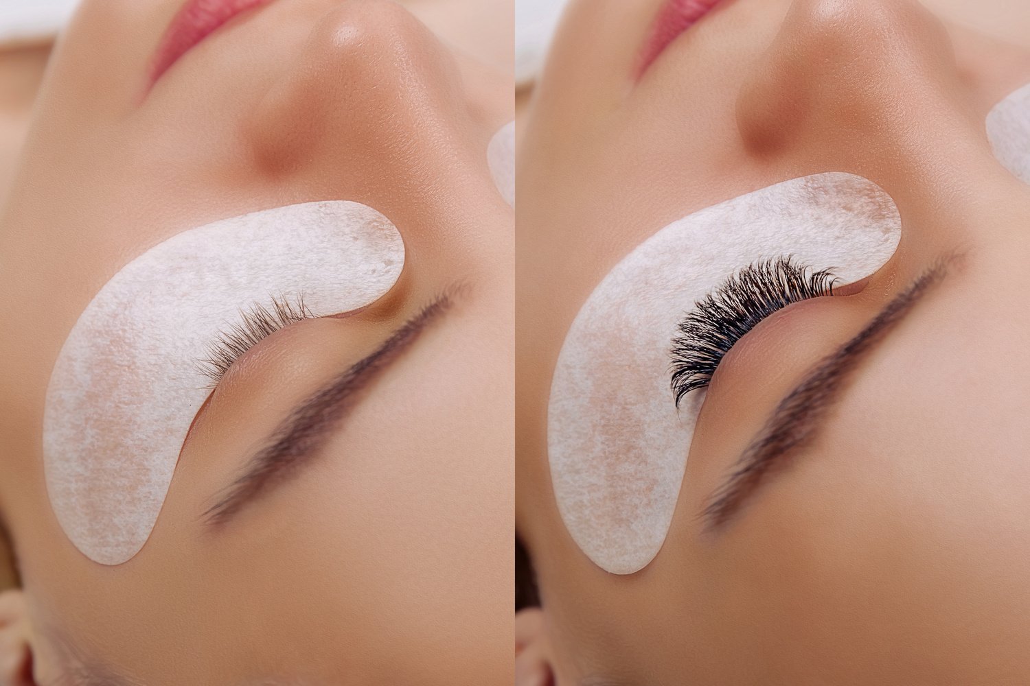 Eyelash Extension. Comparison of female eyes before and after